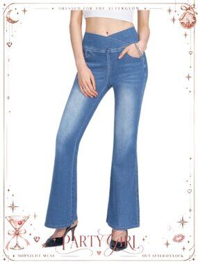 High Waisted Flare Jeans Pull On Stretchy Tummy Control Denim
